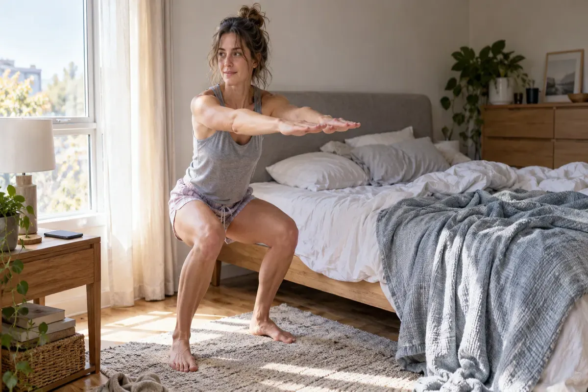 Persona in piedi accanto al letto che completa una missione di movimento per spegnere la sveglia