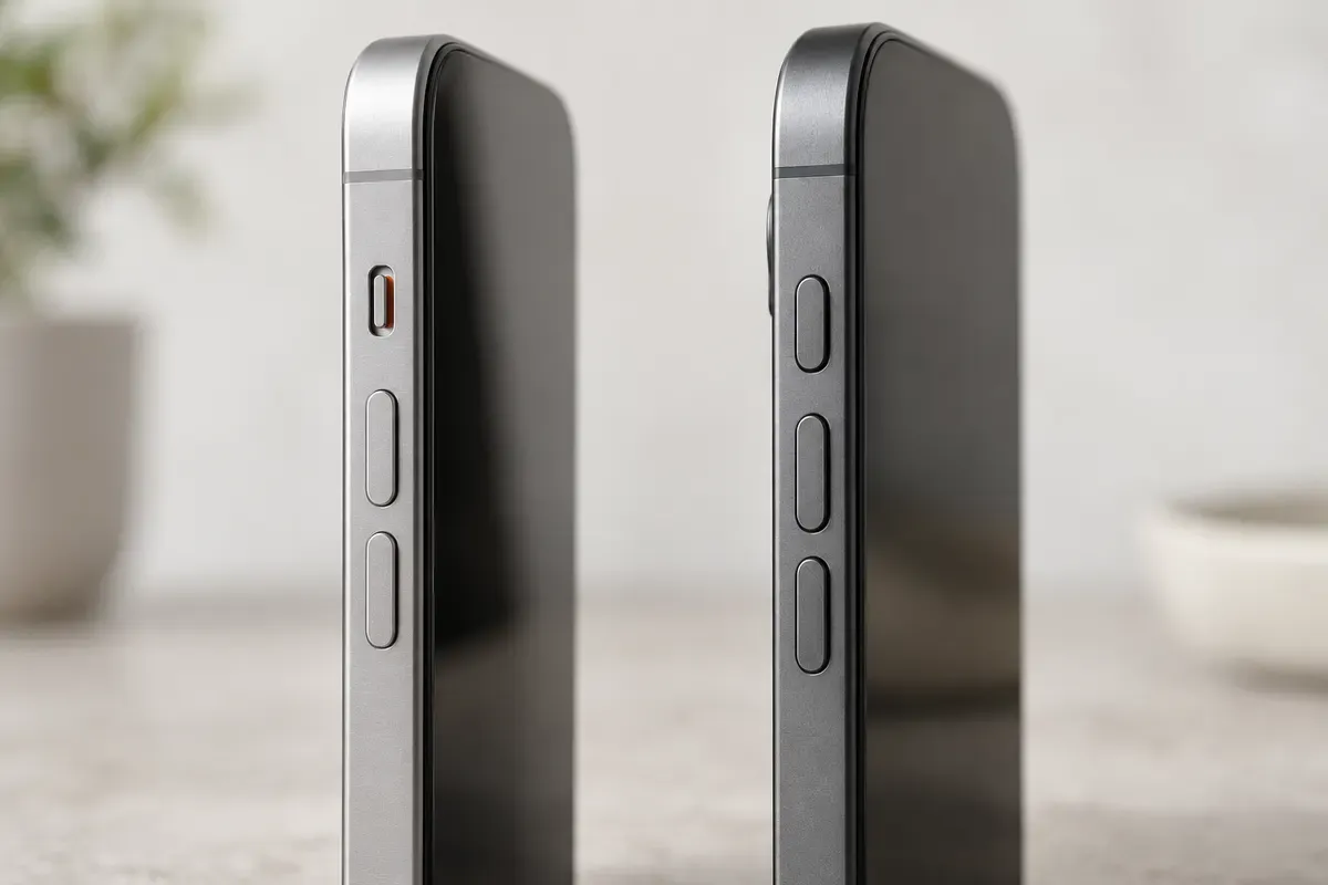 iPhone 14 이전 무음 스위치와 iPhone 15 액션 버튼을 나란히 비교한 일러스트