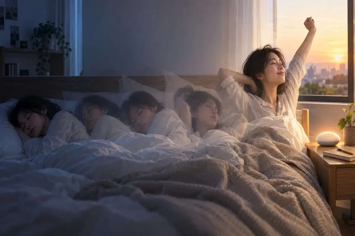 Minh hoạ chu kỳ giấc ngủ 90 phút và điểm canh báo thức lúc cuối chu kỳ