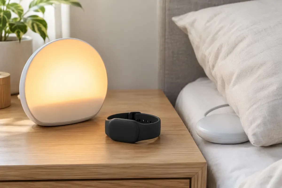 Lichtwecker, Vibrationsarmband und Kissenrüttler nebeneinander als physische Wecker-Backups