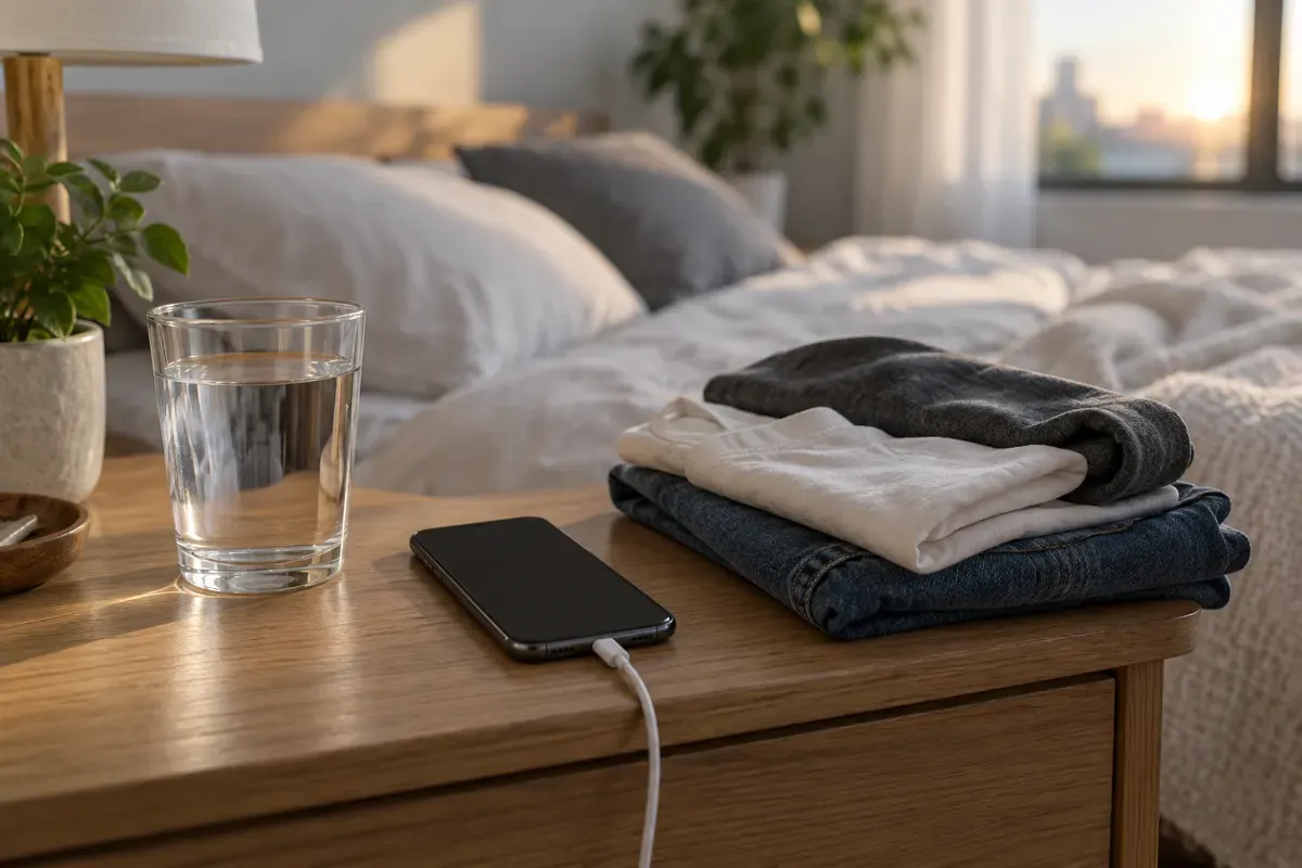 Meja samping tempat tidur dengan segelas air, HP yang dicas, dan baju yang sudah disiapkan