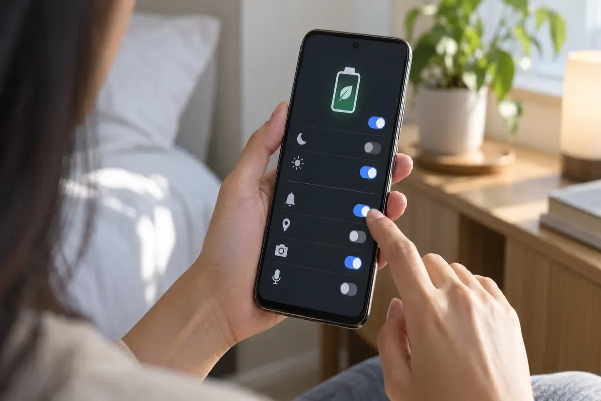 Tangan mengatur setelan penghemat baterai dan izin aplikasi di HP Android