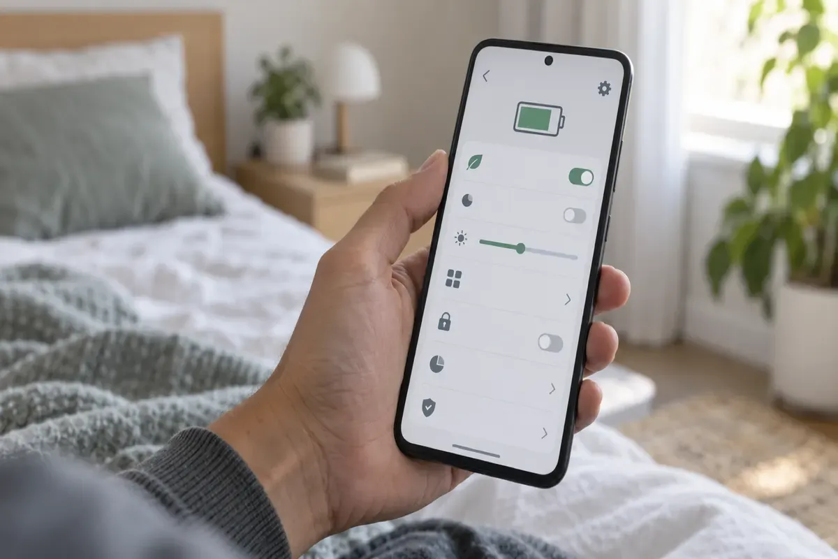 Tangan memegang HP Android membuka pengaturan aplikasi dan penghemat baterai