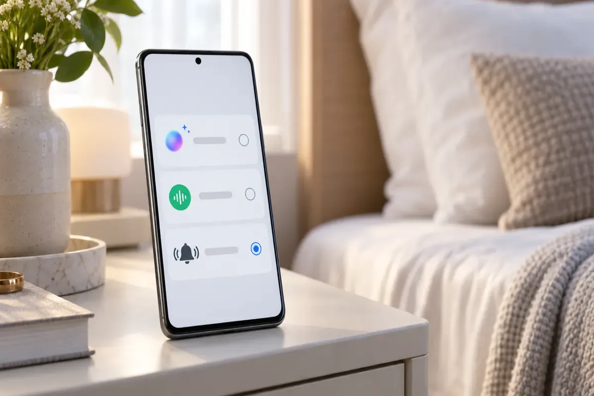 Layar pengaturan nada alarm Samsung dengan pilihan Bixby, Spotify, dan Ringtone