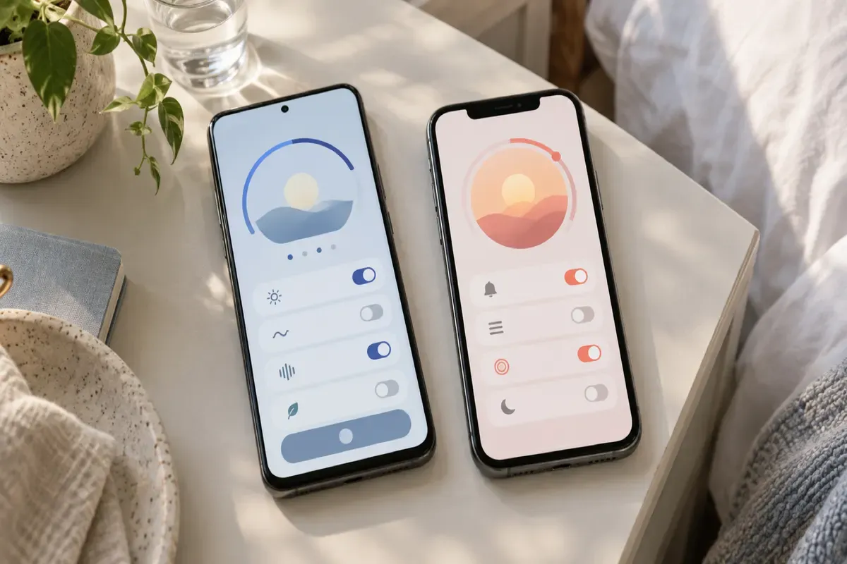 Dva telefony vedle sebe s aplikacemi budík pro Android a iPhone