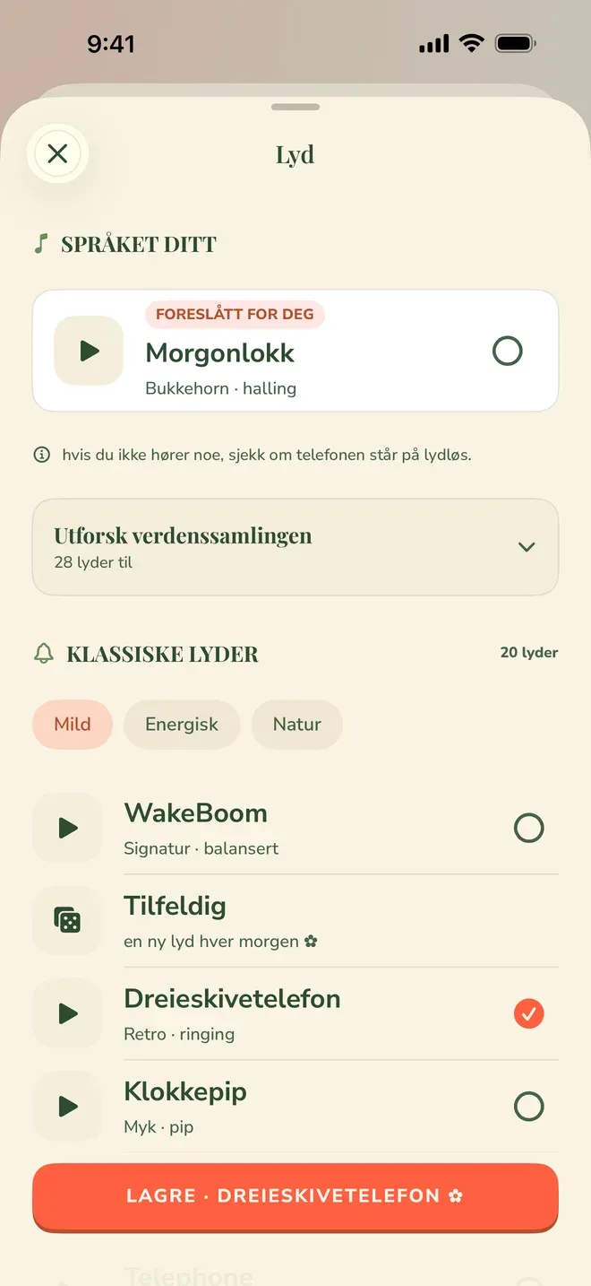 Lydvalg i Wake Boom på norsk: alarmlyder gruppert i Mild, Energisk og Natur, med gradvis økende volum.