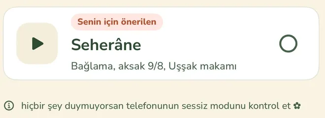Wake Boom’un Türkçe ses seçme ekranından bir bölüm: bir sesin solundaki oynatma düğmesi ve hemen altında «hiçbir şey duymuyorsan telefonunun sessiz modunu kontrol et» uyarı satırı