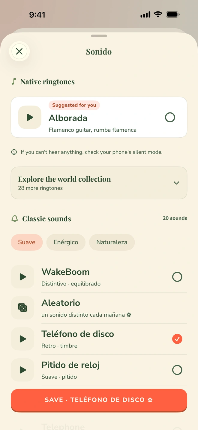 El selector de sonidos de Wake Boom, con sus dos secciones: 20 sonidos integrados y 29 tonos originales