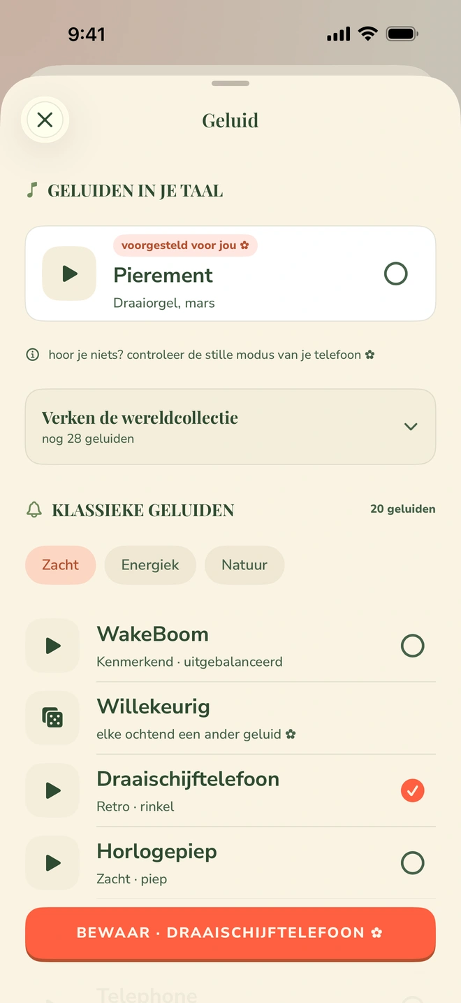 De geluidskiezer van Wake Boom met zijn twee secties: 20 ingebouwde geluiden en 29 originele beltonen
