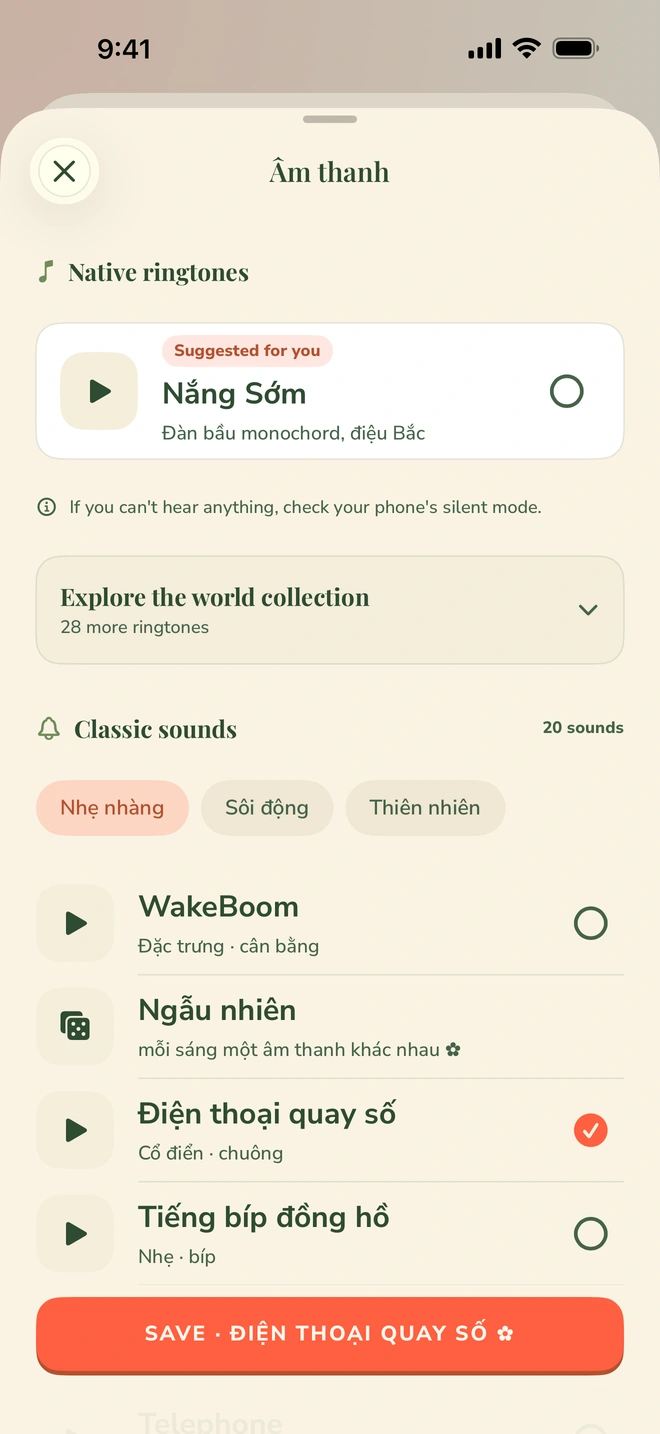 Màn hình chọn âm báo của Wake Boom với hai phần: 20 âm có sẵn và 29 nhạc chuông gốc
