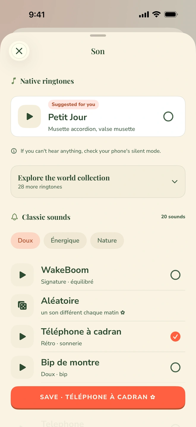 Le sélecteur de sonneries de Wake Boom, avec ses deux sections : 20 sonneries intégrées et 29 sonneries originales