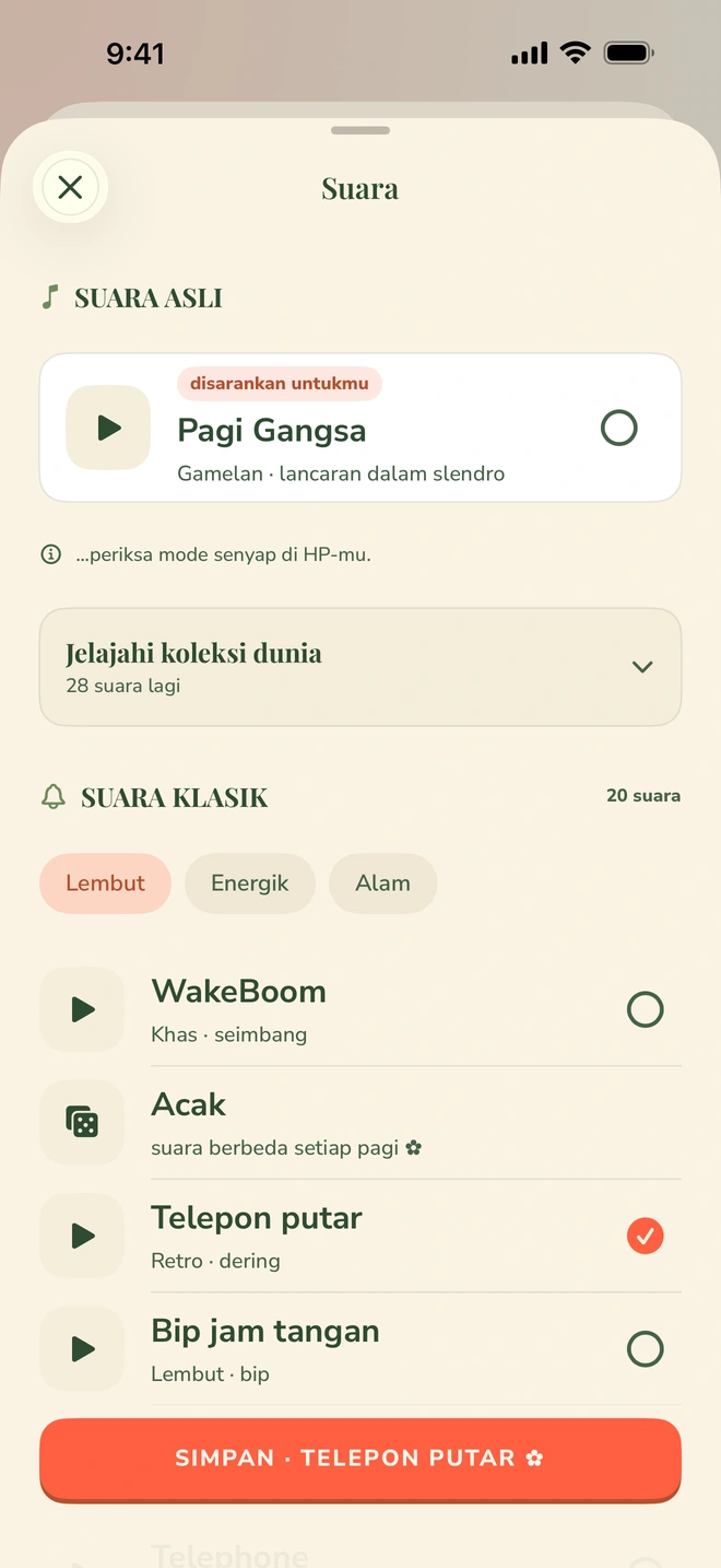 Pemilih suara Wake Boom dengan dua bagiannya: 20 nada bawaan dan 29 nada dering orisinal