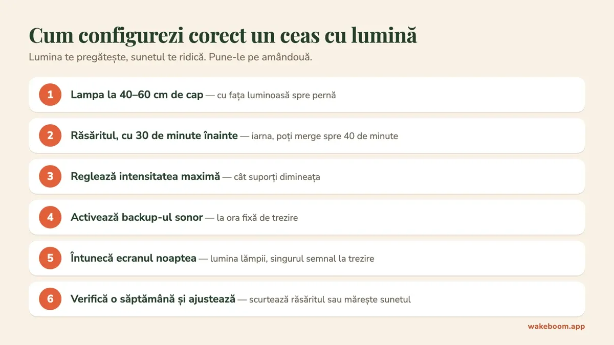 Șase pași pentru configurarea unui ceas cu lumină de trezire: poziția lămpii, ora răsăritului, intensitate și backup sonor