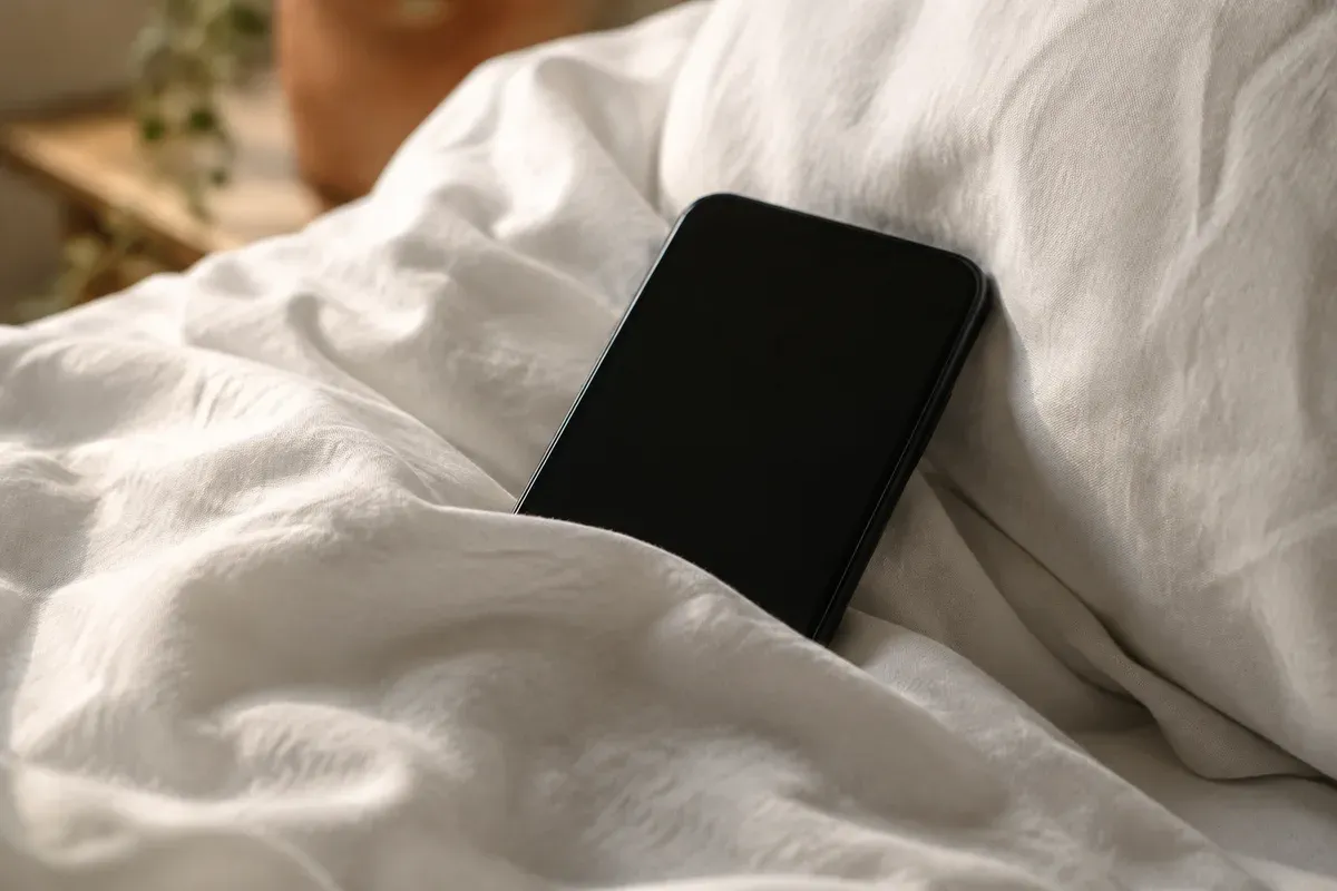 Telefoon met een zwart scherm, half weggezakt in een gekreukt wit dekbed met een kussen ertegenaan.