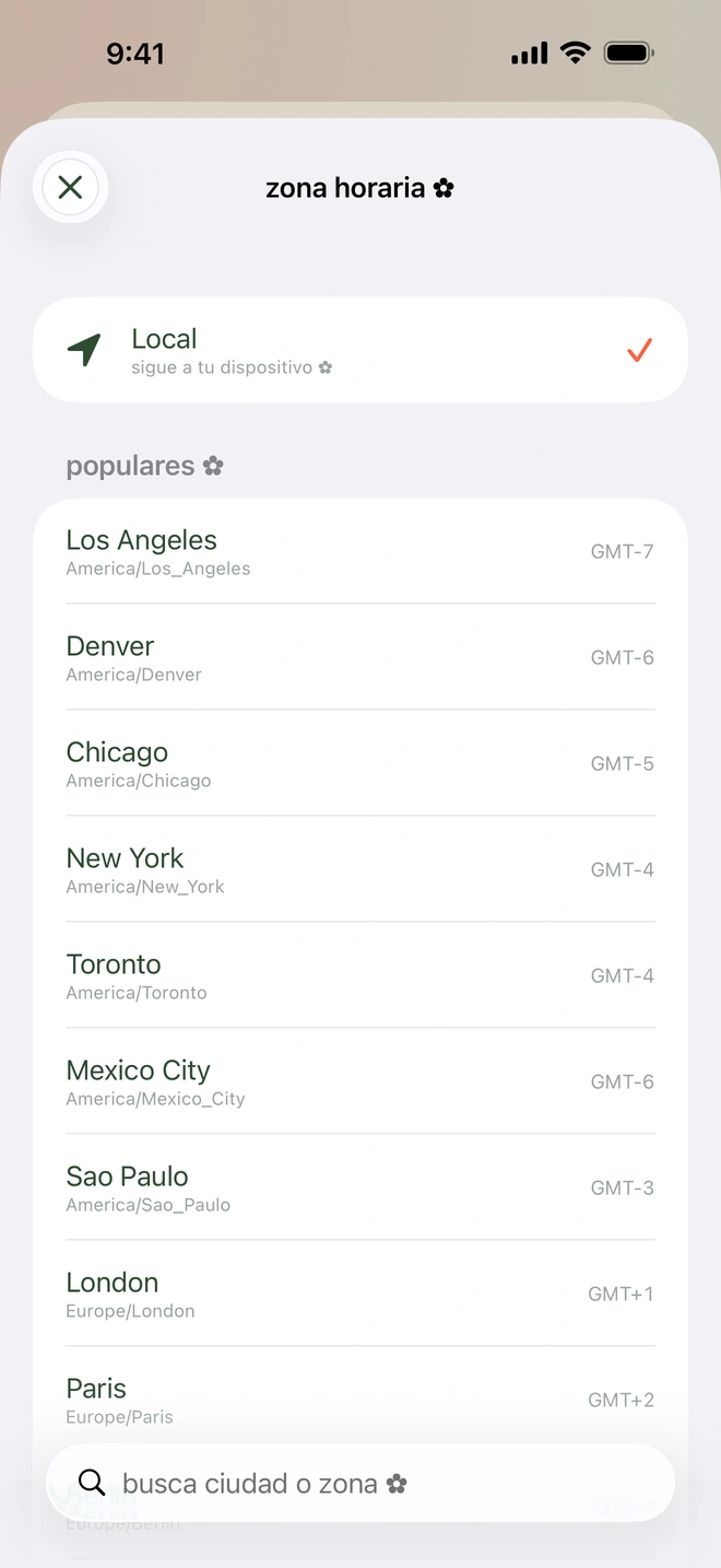 El selector de zona horaria con una lista de ciudades y sus diferencias GMT