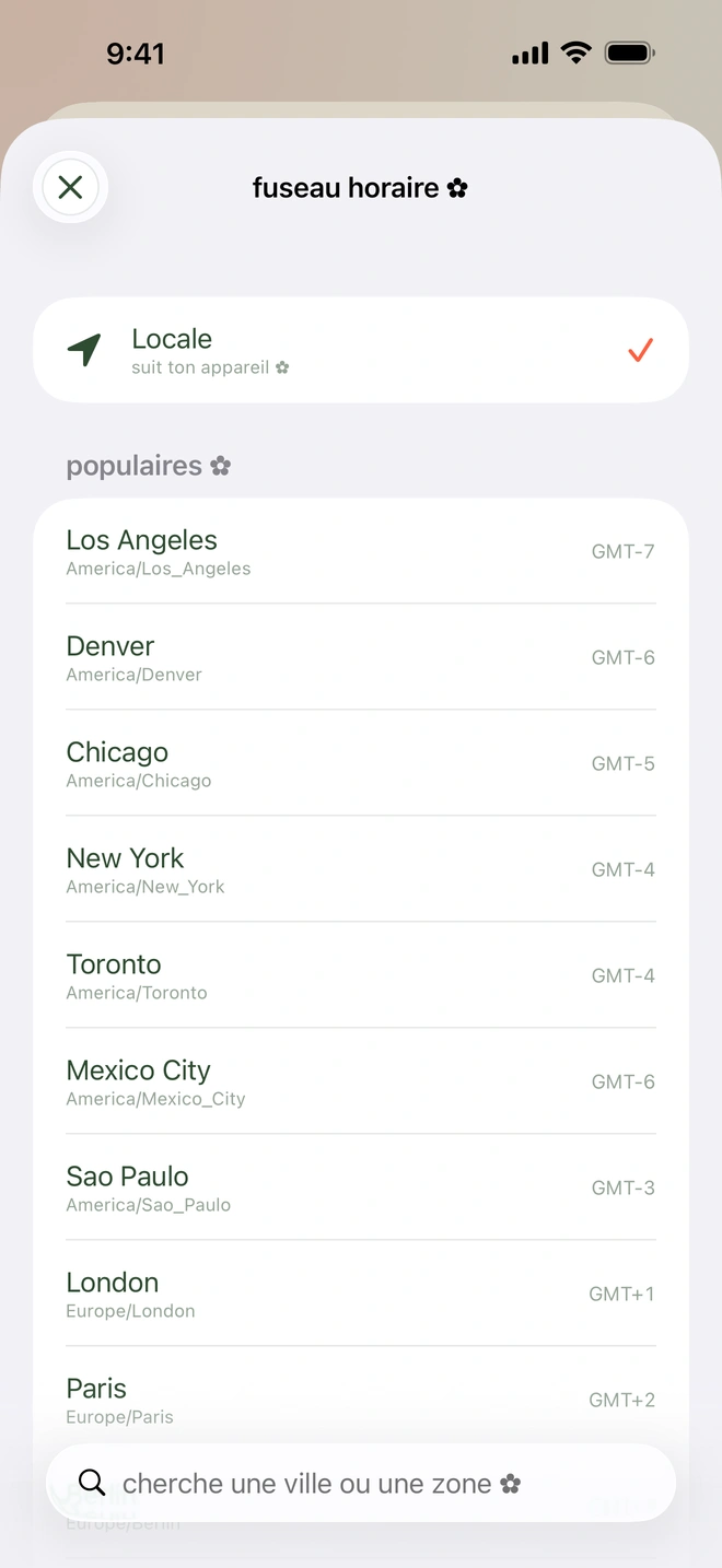 Le sélecteur de fuseau horaire listant des villes avec leur décalage GMT