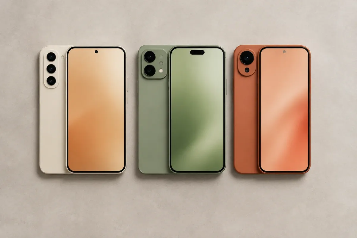 Três celulares Android de marcas diferentes lado a lado sobre uma mesa clara, cada um com uma tela de configurações de bateria aberta.