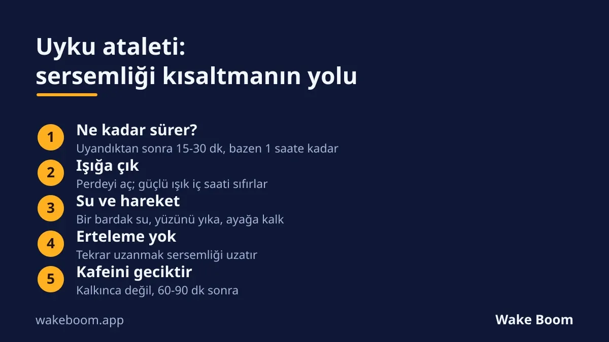 Uyku ataletini kısaltmanın beş adımı: ışık, su, hareket, erteleme yok, kafeini geciktir.