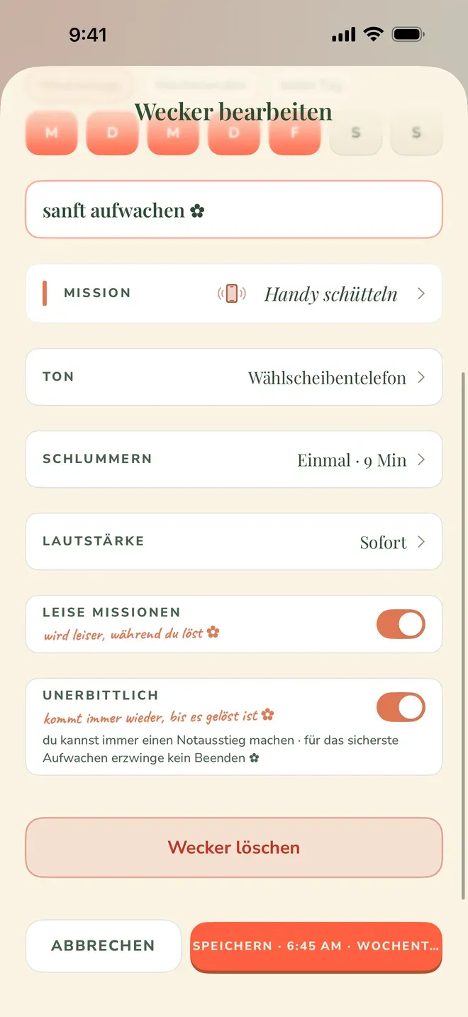 Der Wecker-Editor der App mit den Zeilen Mission, Ton, Schlummern und Lautstärke untereinander, darunter der eingeschaltete Schalter „Unerbittlich“ und der Hinweis, dass der Wecker wiederkommt, bis die Mission gelöst ist, und dass ein Notausstieg jederzeit möglich bleibt