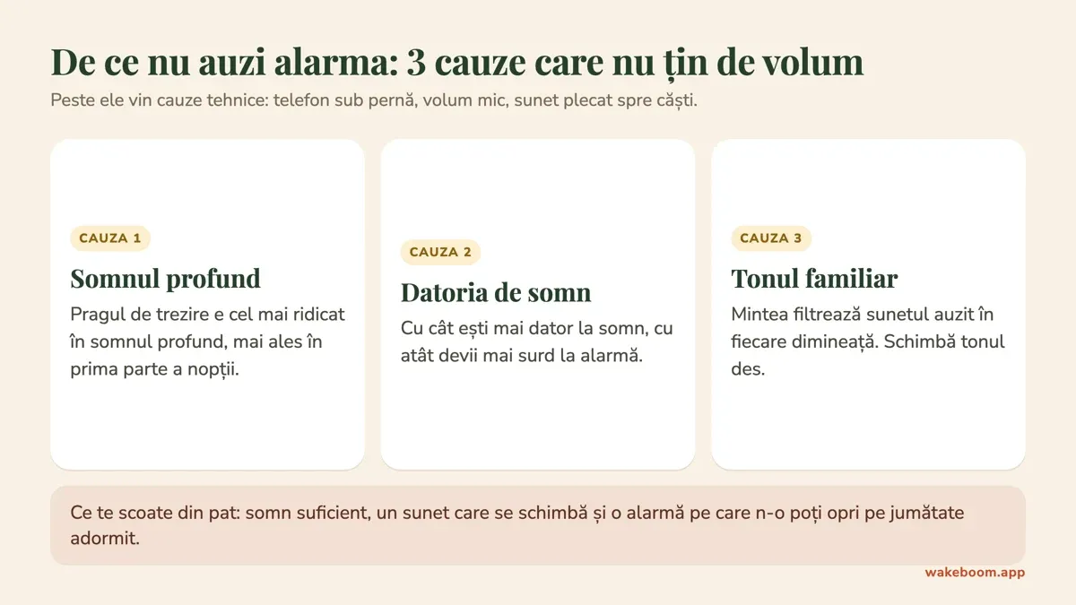 Trei cauze pentru care nu auzi alarma: somnul profund, datoria de somn și tonul familiar pe care creierul îl filtrează